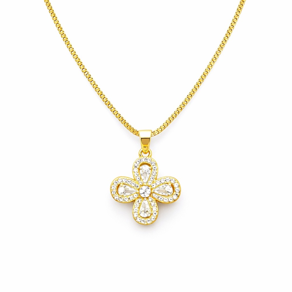 18K Gold Plated Box Chain CZ Flower Pendant Necklace 18” 2.5mm Gift New